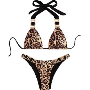 Floerns Women's Leopard High Cut Halter Bikini Set Triangle Bottom Two Piece Swimsuit