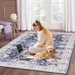 6x9 Vintage Area Rugs，Machine Washable, Non-Slip Low Pile Throw Rug with Rubber Backing for Living Room, Bedroom, Dining Room & Kitchen Home Décor – Brown