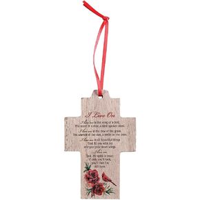 Dicksons Cardinal Roses Cross - I Live On, Brown/Red Small MDF Wood Decorative Hanging Ornament
