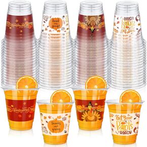 Uiifan 60 Pcs Thanksgiving Disposable Cups 12 oz Plastic Cups Bulk Turkey Pumpkin Tumblers Clear Fall Plastic Cups Bulk for Liquor Coffee Juice Autumn Harvest Thanksgiving Day Wedding Party Supplies