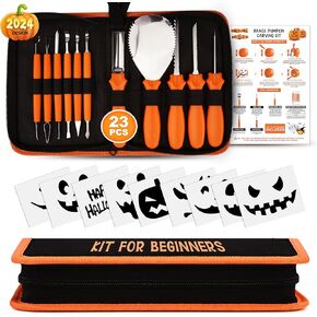 RFAQK Pumpkin Carving Kit with Stencils-23PCS Halloween Pumpkin Carving Tools and Patterns for Beginners Heavy Duty Stainless-Steel Professional set for Halloween Jack o Lantern