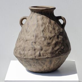 Ceramic Rustic Farmhouse Flower Vase, 10.6 Inch Vintage Clay Terracotta Pottery Antique Texture Handmade Vase with 2 Handles, Decorative Vase for Home Living Room Shelf Table, Tan Brown