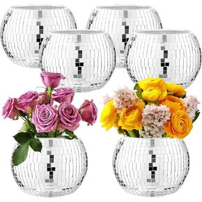 6 Pcs Disco Vases Bulk, 3" X 4" Silver Mirror Disco Ball Vase Disco Ball Flower Vase for Centerpieces Disco, Glass Disco Ball Planter Candle Holder Vase for Wedding, Birthday, Party, Office,Bedroom