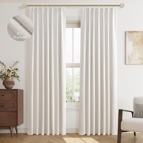 Cream Linen Pinch Pleated Curtains for Bedroom, Pinch Pleat Blackout Curtains 84 Inches 2 Panels, Modern Linen Blackout Curtains Thermal Insulated Pleated Curtains with Hooks,W40 x L84