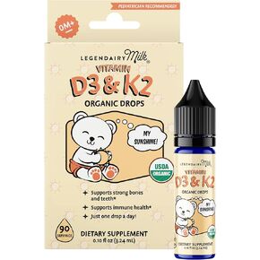 Legendairy Milk Organic Baby Vitamin D3 K2 Liquid Drops, 400 IU of Baby Vitamin D Drops for Infants with K2 Drops, Vitamin D Drops for Newborns, Toddlers, and Kids, Vegan, 90 Drops Liquid