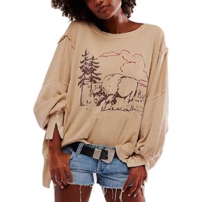 Amiblvowa Women Y2K Oversized Vintage Graphic Sweatshirt Long Sleeve Crewneck Relaxed Sweater Jacket Loose Fit Pullover Tops