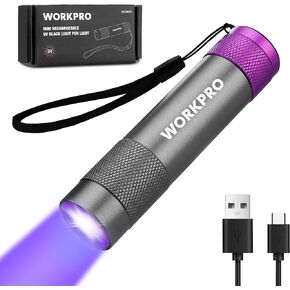 WORKPRO UV Flashlight Black Light, 365nm UV Rechargeable Flashlight, Mini Ultraviolet Flashlight for Pet Dog Urine, Stains Detection/Resin Curing/Fluorescent Agent