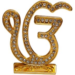 Sikh Religious Ik Onkar Studded Gold Metal Idol, Car Dashboard Mandir, Large
