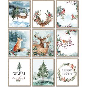 AnyDesign 9Pcs Christmas Wall Art Prints Watercolor Woodland Posters Decorative Natural Xmas Tree Reindeer Forest Art Posters for Home Gallery Living Room Bedroom Decor, 8 x 10 Inch, Unframed