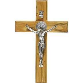 Bethlehem Gifts TM 10" Wall Wood Cross St. Saint Benedict & Medal Holy Land Handmade Silver Plated Crucifix