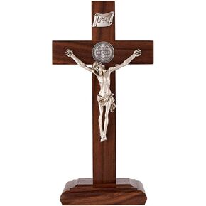 Walnut Finish Wood St Benedict Standing Crucifix Cross, 9 Inch
