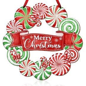 Christmas Door Sign Peppermint Candy Front Door Decor, Merry Christmas Wreath Sign for Christmas Decorations Wooden Rustic Door Hanger Xmas Holiday Porch Yard Window Wall Home Decor