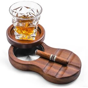 Wooden Cigar Ashtrays Coaster/Whiskey Glass Tray and Cigar Holder Revolving Cigar Accessories with Slots to Hold Cigar Great Cigars Gift Set for Men