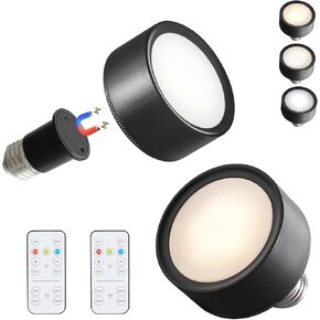 2 Pack Magnetic Battery Operated Light Bulbs with Remote Control, Cordless LED Puck Lights, Wireless Dimmable E26 Screw in AA Battery Power Bulbs for Non Electric Lamps