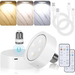 Rechargeable Battery Operated Light Bulb for Lamps, E26 Screw in (Magnetic Detachable) Puck Lights with Remote Control, Wireless Dimmable Timer Light Bulb for Non-Hardwired Wall Sconce (Pack of 2)