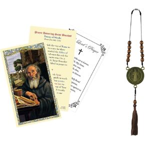 St Benedict Auto Rosary with Laminated St Benedict Card, Lord's Prayer Card - St Benedict Car Rosary For Rearview Mirror, Patron Saint Of Protection Set - San Benito Rosario Para Carros - 3 Items