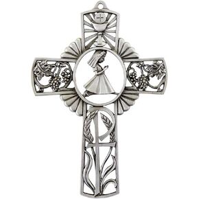Pewter First Communion Wall Cross with Praying Girl, 5 Inch