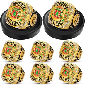 Highergo 6pcs Ugly Christmas Sweater Championship Trophy Ring Ugly Sweater Costume Contest Award with Display Neck Chain and Stand for Xmas Ugliest Sweater Contest Christmas Party Gift Competition