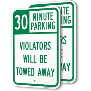 SmartSign 30 Minute Parking Violators Towed Away Sign - 2-Pack, 12" x 18", 80 mil Thick Aluminum Composite (ACM), Pre-Drilled Holes, Green and White, Made in USA