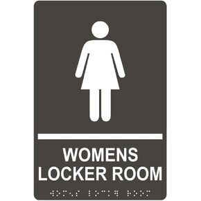 ComplianceSigns.com Womens Locker Room Sign, ADA-Compliant Braille and Raised Letters, 9x6 inch White on Black Acrylic with Adhesive Mounting Strips