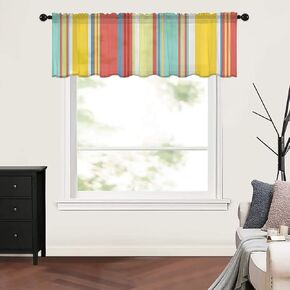 Semi Sheer Valance Curtain for Kitchen Living Room Decor, Colorful Stripes Red Yellow Teal Green Wood Sheer Curtain Valance Rod Pocket Light Filter Drapes Small Window Curtain for Bedroom Bath,54x18in