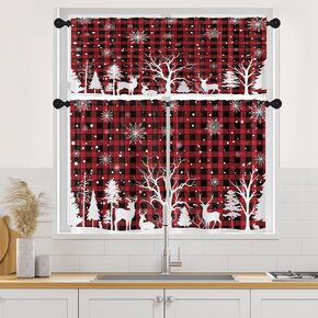 Christmas Red Plaid Kitchen Curtains with Valance and Tier Sets 36 Inch, 3 Pieces Tree Deer Snowflake Rod Pocket Drapes Window Treatment Curtains for Kitchen Over Sink Bed Room Decor in Saudi Arabia