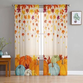 Thanksgiving Fall Chiffon Semi-Sheer Curtain 72 Inch,Autumn Pumpkins Maple Leaves Rod Pocket Voile Window Curtain Panels,Orange Watercolor Tulle Curtains Drape for Living Room/Sliding Door, 104"x72"