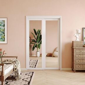 Sliding Closet Door, 60"(Double 30.98") x 80", 1-Lite Frosted Glass Sliding Door with Hardware Track Kit & Floor Guide, Finished Doors 2 Panels, MDF, White