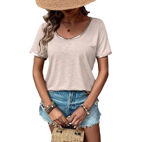 Hilinker Women's Short Sleeve T Shirt Crew Neck Shirts Button Decor Summer Tops Fashion Basic Tee