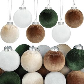 16 Pcs Velvet Christmas Ball Ornament 3.15 Inch Flocked Christmas Tree Hanging Ornament Shatterproof Multicolor Green Brown White Velvet Ball Ornament for Xmas Tree Holiday Home Party Decoration