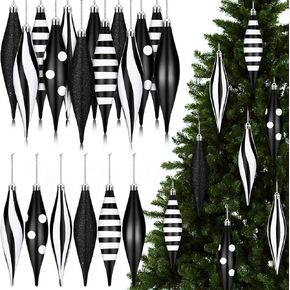Hungdao 12 Pcs Black and White Christmas Ornaments 6.3 Inch Droplet Stripe Dot Hanging Christmas Ornaments for Christmas Tree Decor for Home and Holiday Party Christmas Trees Accessories