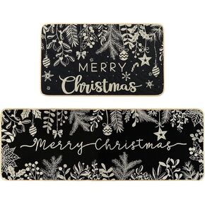 Christmas Kitchen Rugs Set of 2 Merry Christmas Kitchen Mats for Floor Winter Decor Holly Pine Branches Leaves Red Kitchen Rugs for Xmas Kitchen Bedroom Farmhouse Decorations