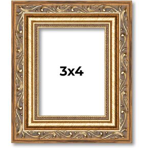 3x4 Antique Gold Picture Frame - Traditional Wood Photo Frame Complete with UV Acrylic, Foam Board Backing & Hanging Hardware