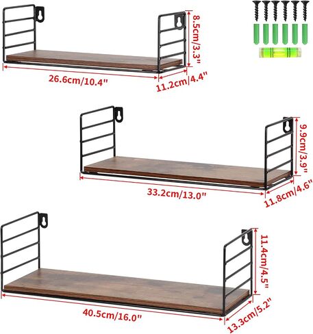 Amazon Brand – Pinzon Rustic Floating Shelves Wall Mounted Storage Shelf for Living Room Kitchen Office, Set of 3, Brown, 5.24"D x 16"W x 4.5"H in Saudi Arabia