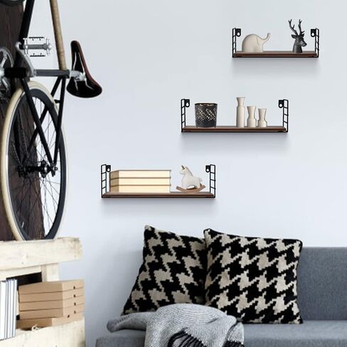 Amazon Brand – Pinzon Rustic Floating Shelves Wall Mounted Storage Shelf for Living Room Kitchen Office, Set of 3, Brown, 5.24"D x 16"W x 4.5"H in Saudi Arabia