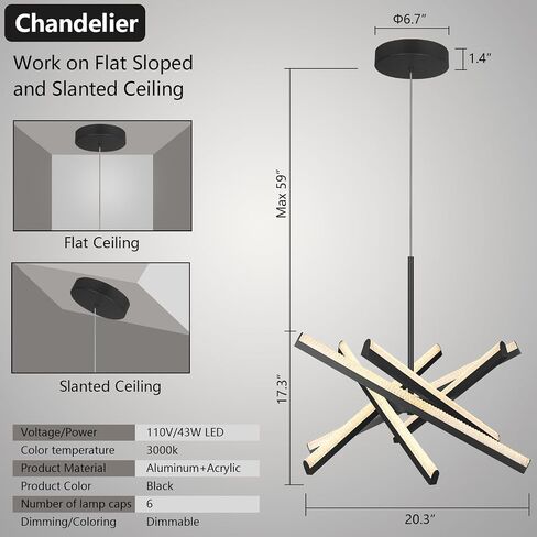 Kinglong Black Chandelier 【Upgraded】، ثريا حديثة 6 أضواء، تركيبات إضاءة ثريا LED أكريليك قابلة للتعتيم لغرفة الطعام، غرفة المعيشة، غرفة النوم، المدخل، جزيرة المطبخ (الطول: 20.07 بوصة، العرض: 17.32 بوصة) in Saudi Arabia