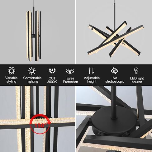 Kinglong Black Chandelier 【Upgraded】، ثريا حديثة 6 أضواء، تركيبات إضاءة ثريا LED أكريليك قابلة للتعتيم لغرفة الطعام، غرفة المعيشة، غرفة النوم، المدخل، جزيرة المطبخ (الطول: 20.07 بوصة، العرض: 17.32 بوصة) in Saudi Arabia