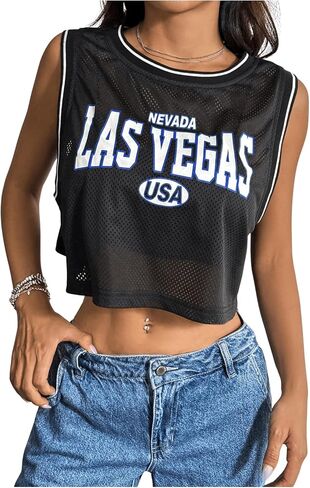 SHENHE Women's Jersey Crop Top Y2K Mesh Overlay Graphic Sleeveless Workout Jersey Shirts in Saudi Arabia