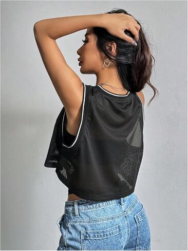 SHENHE Women's Jersey Crop Top Y2K Mesh Overlay Graphic Sleeveless Workout Jersey Shirts in Saudi Arabia