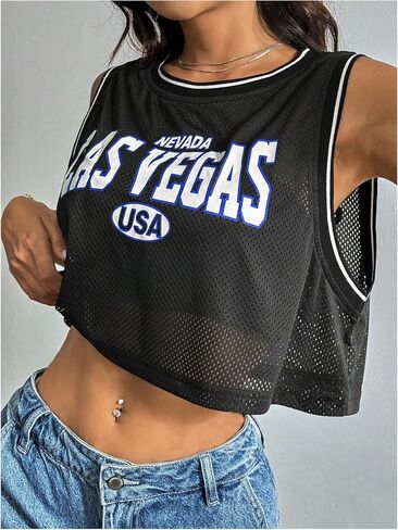 SHENHE Women's Jersey Crop Top Y2K Mesh Overlay Graphic Sleeveless Workout Jersey Shirts in Saudi Arabia