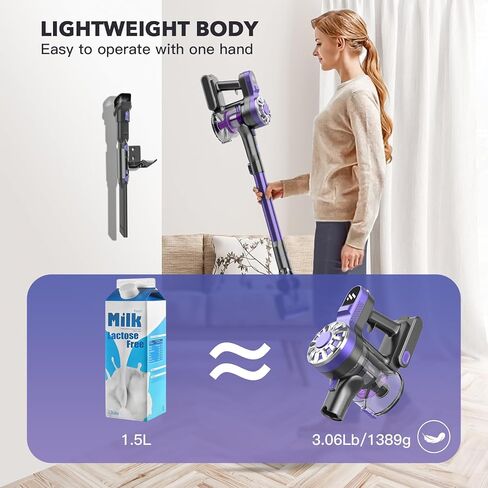 Cordless Vacuum Cleaner, Strong Stick Cordless Vacuum Cleaner, Removable Battery, 35 Running Mins, LED Light, Anti-Tangle, Cordless Vacuum Great for Carpets, Hard Floors, Pet Hair, Purple in Saudi Arabia