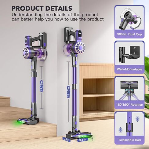 Cordless Vacuum Cleaner, Strong Stick Cordless Vacuum Cleaner, Removable Battery, 35 Running Mins, LED Light, Anti-Tangle, Cordless Vacuum Great for Carpets, Hard Floors, Pet Hair, Purple in Saudi Arabia