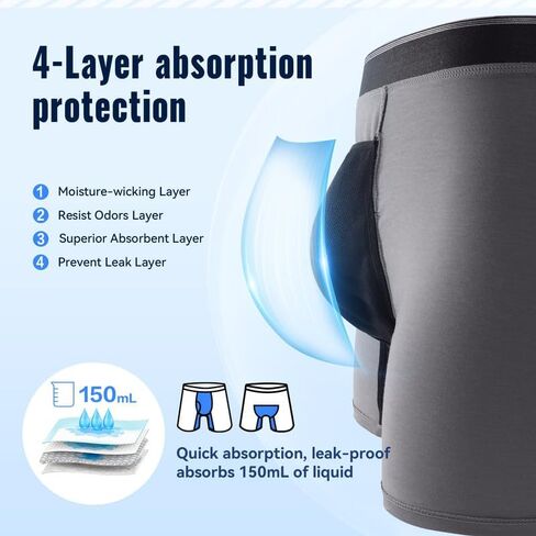 Incontinence Underwear for Men Washable with Front Fly Mens Incontinence Underwear for Bladder Leak Proof Underwear for Men Absorbency 150ml Waterproof Mens Incontinence Boxer Briefs 3 Pack, Large in Kuwait