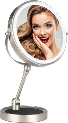 Lighted Makeup Mirror, 8" Magnifying Mirror with Light, 1x/10x Height Adjustable Rechargeable Makeup Mirror with Magnification, Cosmetic Mirror with 3 Colors, 360°Rotation Double Sided Vanity Mirror in Saudi Arabia