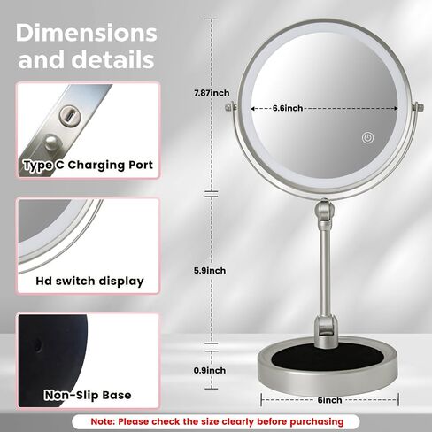 Lighted Makeup Mirror, 8" Magnifying Mirror with Light, 1x/10x Height Adjustable Rechargeable Makeup Mirror with Magnification, Cosmetic Mirror with 3 Colors, 360°Rotation Double Sided Vanity Mirror in Saudi Arabia