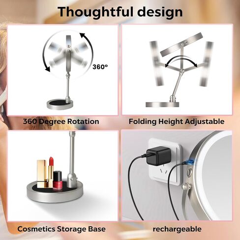 Lighted Makeup Mirror, 8" Magnifying Mirror with Light, 1x/10x Height Adjustable Rechargeable Makeup Mirror with Magnification, Cosmetic Mirror with 3 Colors, 360°Rotation Double Sided Vanity Mirror in Saudi Arabia