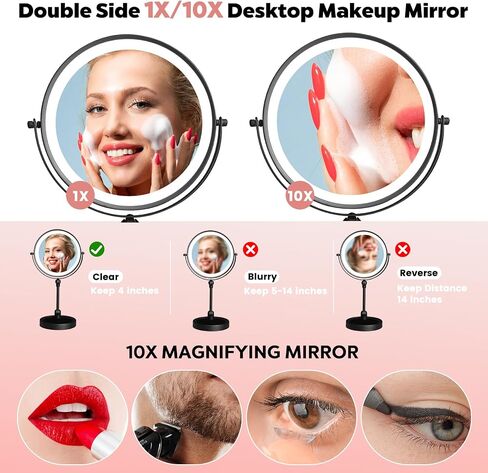Lighted Makeup Mirror, 8" Magnifying Mirror with Light, 1x/10x Height Adjustable Rechargeable Makeup Mirror with Magnification, Cosmetic Mirror with 3 Colors, 360°Rotation Double Sided Vanity Mirror in Saudi Arabia