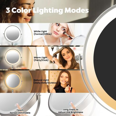 Lighted Makeup Mirror, 8" Magnifying Mirror with Light, 1x/10x Height Adjustable Rechargeable Makeup Mirror with Magnification, Cosmetic Mirror with 3 Colors, 360°Rotation Double Sided Vanity Mirror in Saudi Arabia