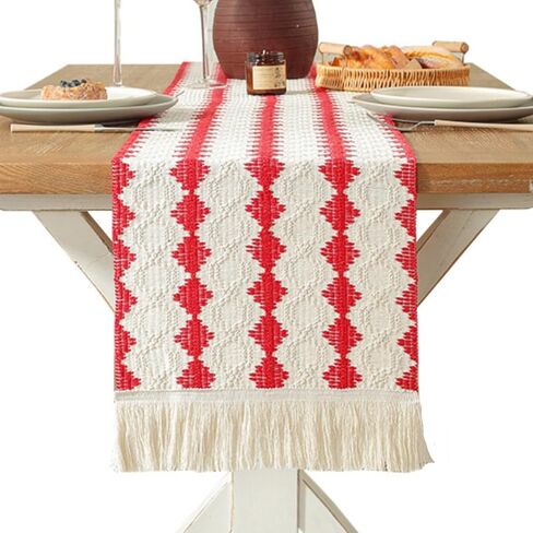 Christmas Boho Table Runner 13x72 inch, Cotton Linen Farmhouse Macrame Table Runner with Tassels, Red Woven Striped Table Runner 72 inches Long Dining Table Runners for Holiday Decoration in Saudi Arabia