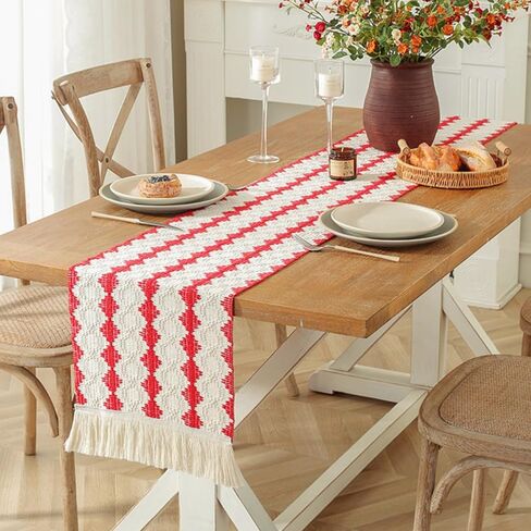 Christmas Boho Table Runner 13x72 inch, Cotton Linen Farmhouse Macrame Table Runner with Tassels, Red Woven Striped Table Runner 72 inches Long Dining Table Runners for Holiday Decoration in Saudi Arabia
